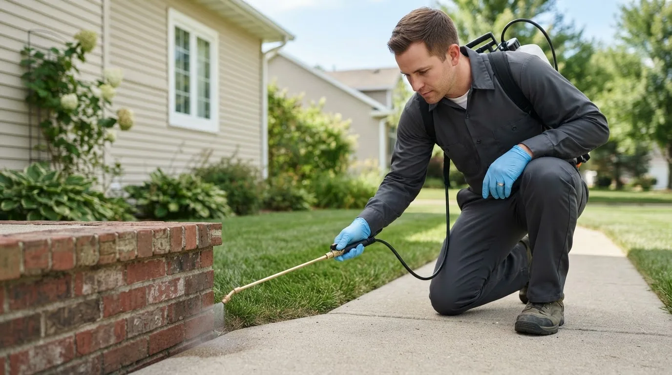Pest control technician treating a home near North Grafton, MA
