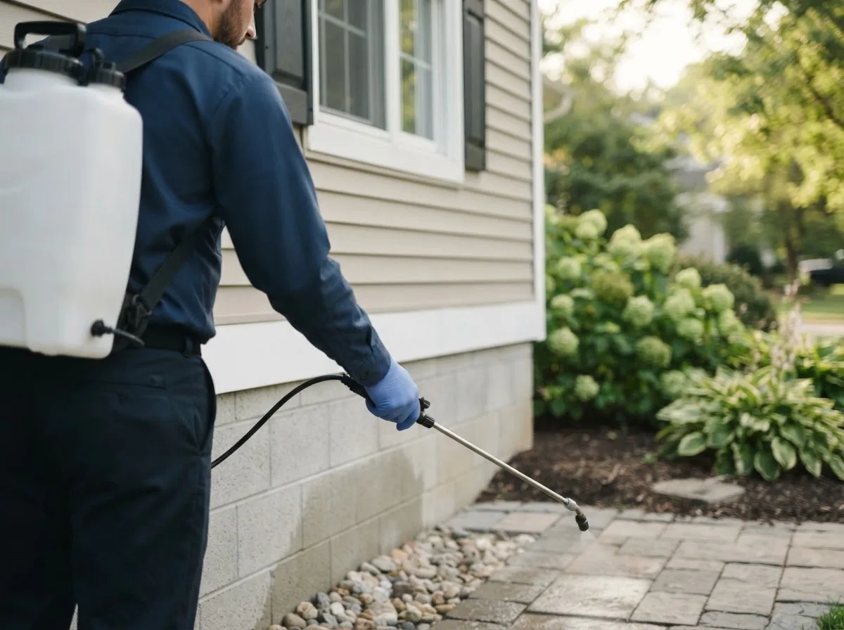 Pest control technician inspecting a home in North Grafton, MA